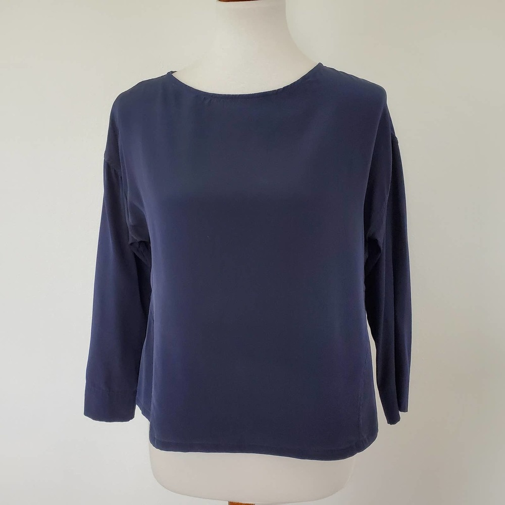 Elizabeth Suzann Parabola Crepe Silk Top Size XS Blue 3/4 Sleeves Career Wear